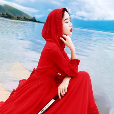 沙滩沙漠旅游拍照真丝连帽连衣裙