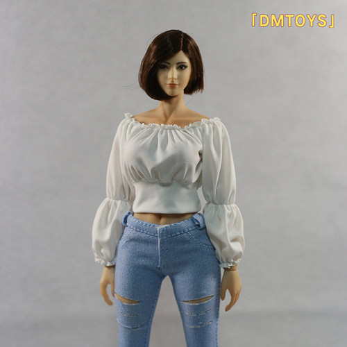 现货DMTOYS 1/6女兵人衣服一字肩冰丝泡泡袖潮流可动人偶服装配件