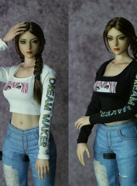 DMTOYS1比6兵人衣服女字母T恤潮流长袖TBL包胶女素体人偶服装模型
