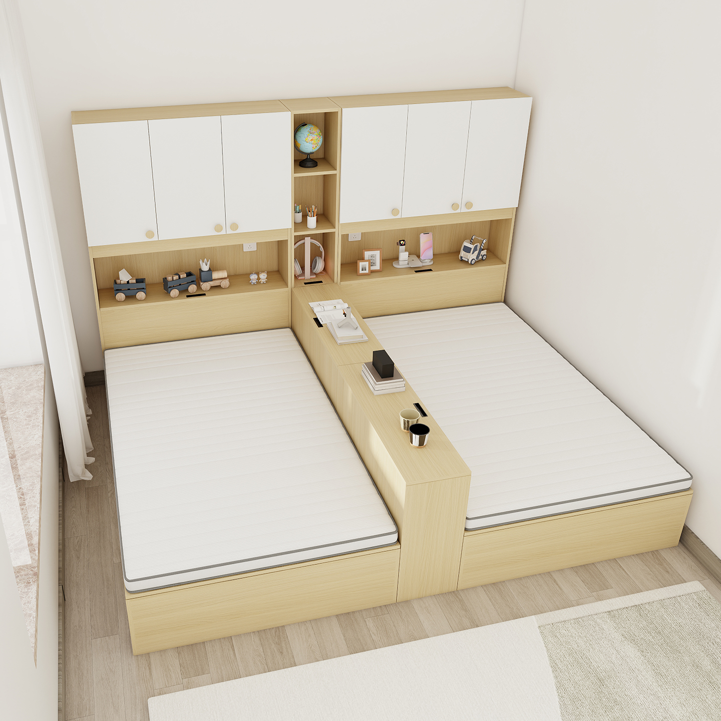 定制互不干扰隔断床带书柜双人床