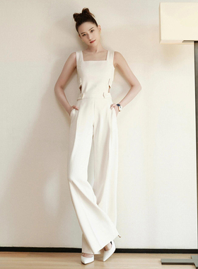 明星同款白色吊带连体裤女2026春夏新款高级感气质阔腿背带连体裤