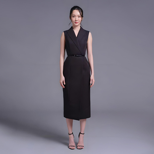 泰国潮牌女无袖宽肩束腰连衣裙优雅知性穿搭高级感西装裙名媛礼服