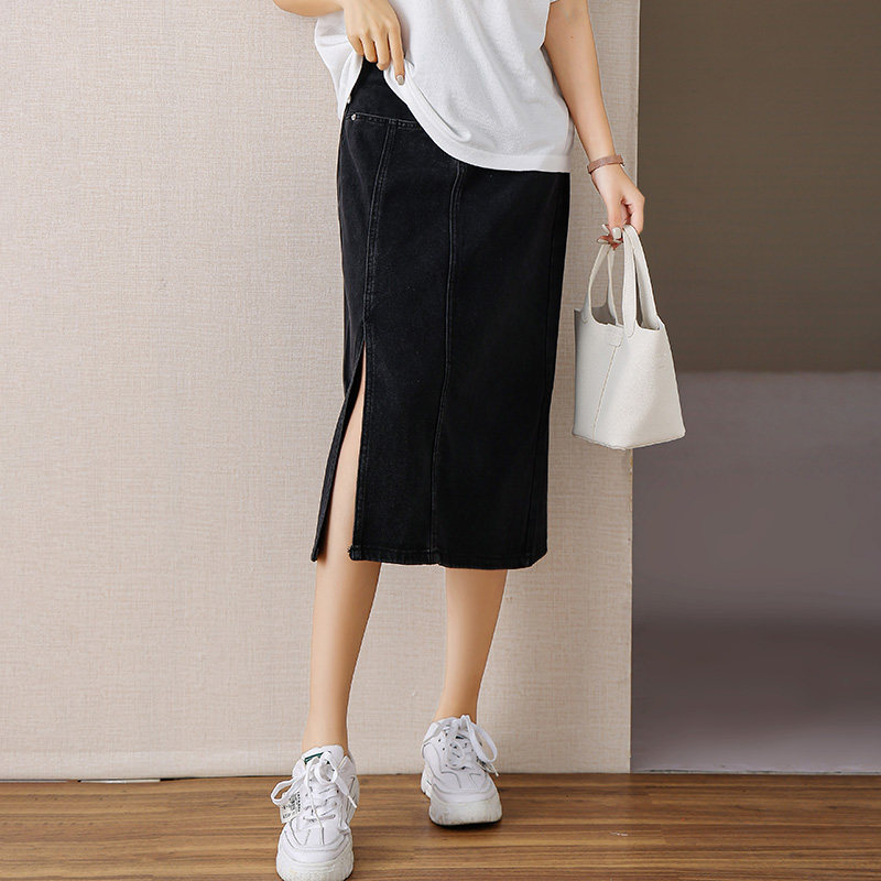 伊自尚2023年新款女装韩版大码夏季时尚胖mm显瘦开叉牛仔半身裙女