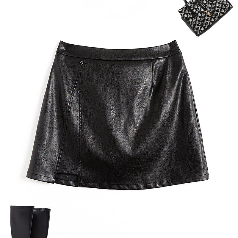 伊自尚大码女装2021年韩版时尚气质胖mm秋冬新款黑色短皮裙洋气潮