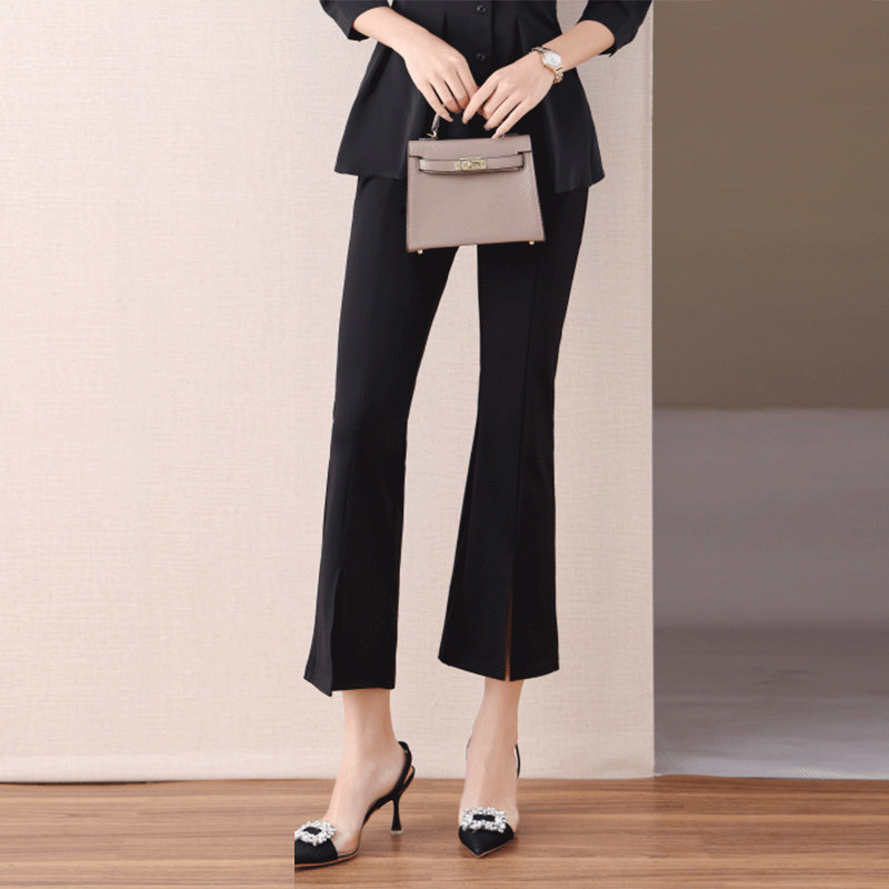 伊自尚秋装女2023年新款大码女装胖mm显瘦时尚减龄微喇叭九分裤子