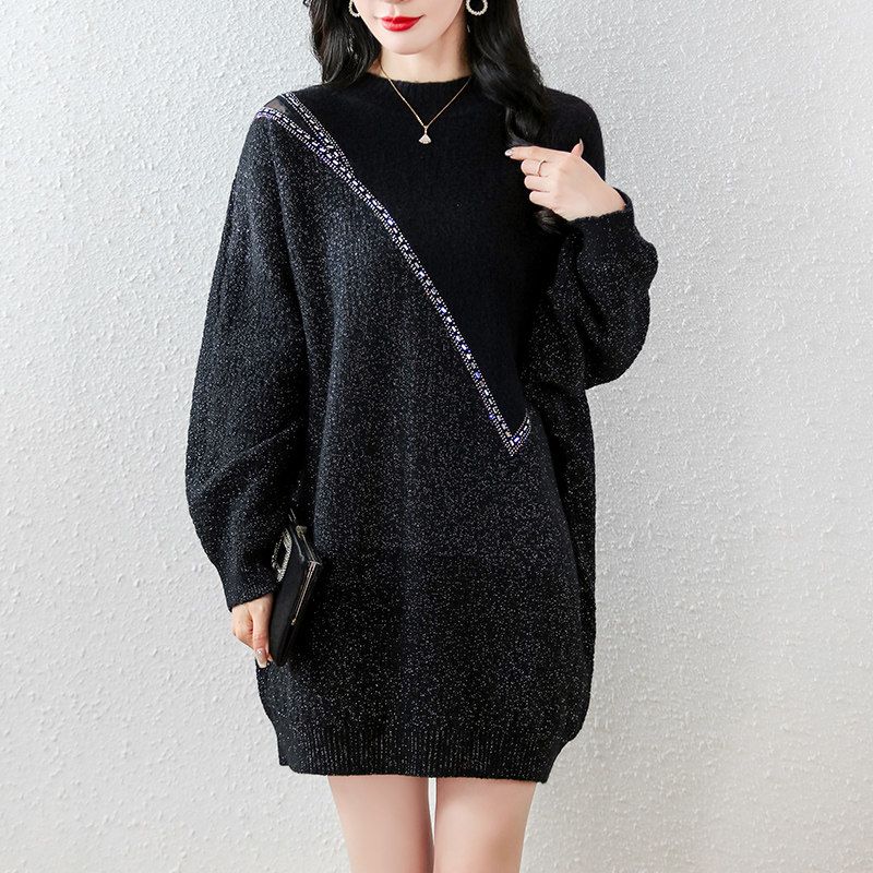 2024春季大码女装针织毛衣女宽松胖mm上衣烫钻拼色小高领打底衫女