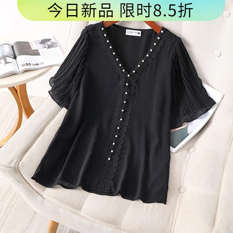 伊自尚2023新款女装韩版时尚大码女装夏季气质百搭V领显瘦雪纺衫