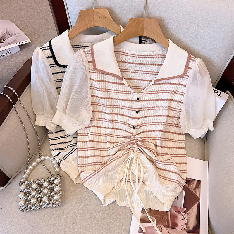 2023夏装新款女大码胖mm冰丝条纹针织拼接雪纺袖辣妹抽绳T恤