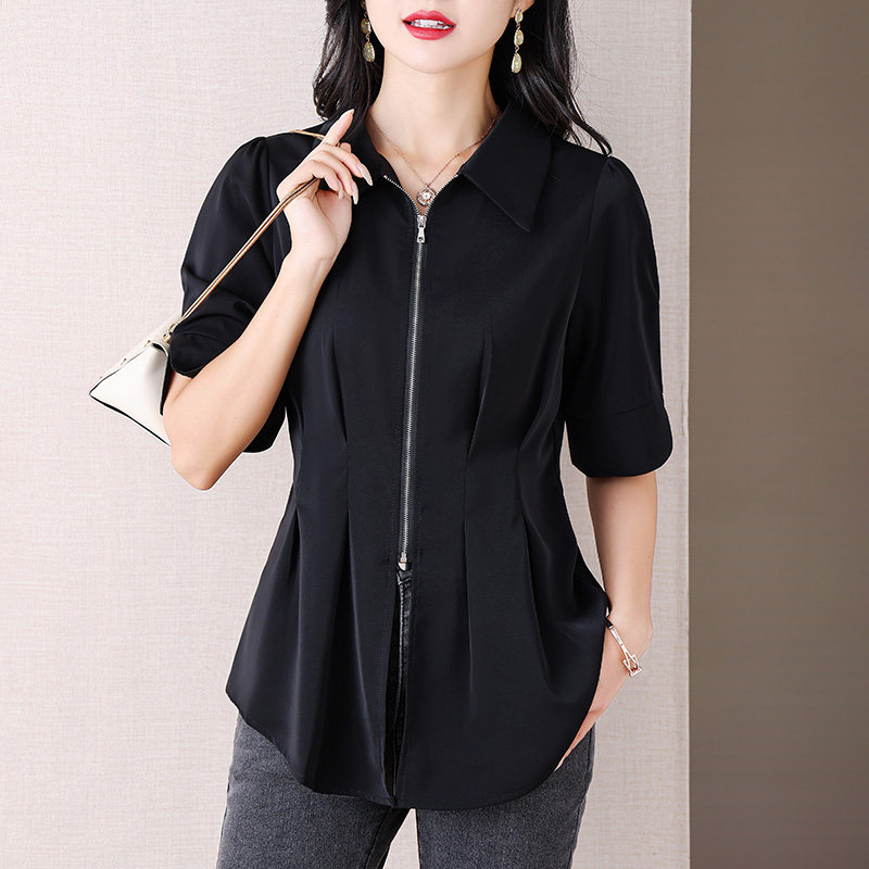 伊自尚2023年新款胖mm大码女装减龄显瘦设计感Polo领上衣开叉衬衫