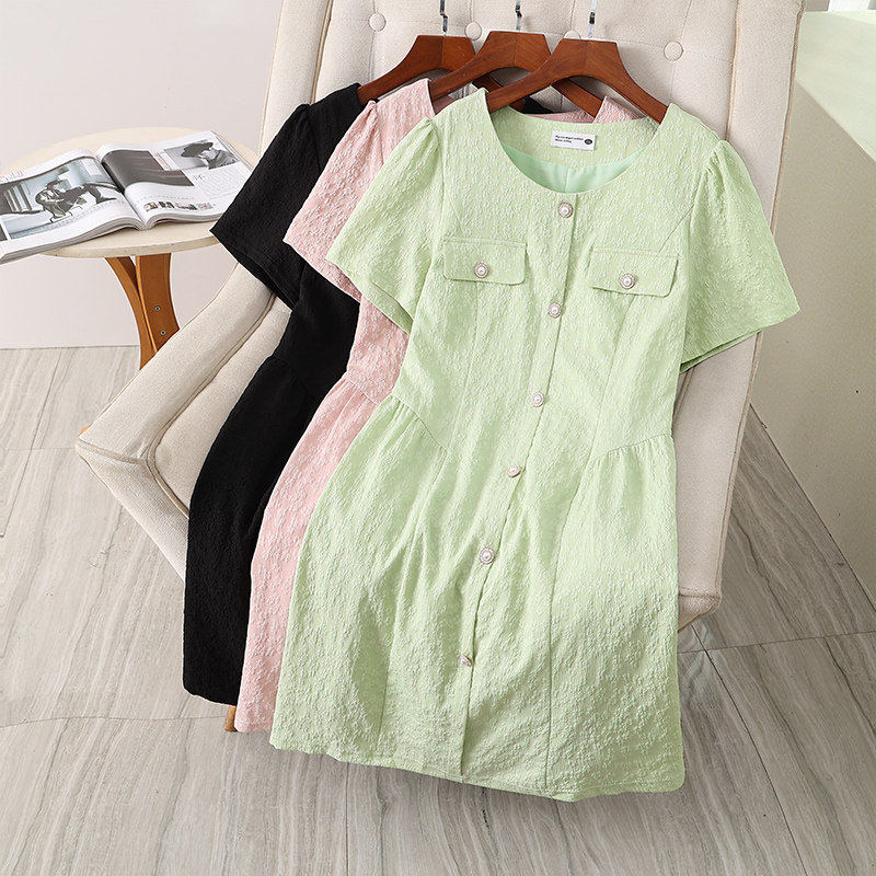 伊自尚2023新款时尚胖mm大码女装夏圆领甜美气质显瘦小香风连衣裙