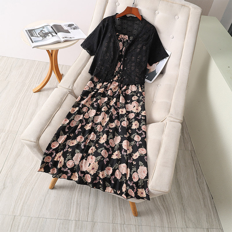 伊自尚2023年新款胖mm大码女装夏季针织开衫显瘦吊带裙两件套装女