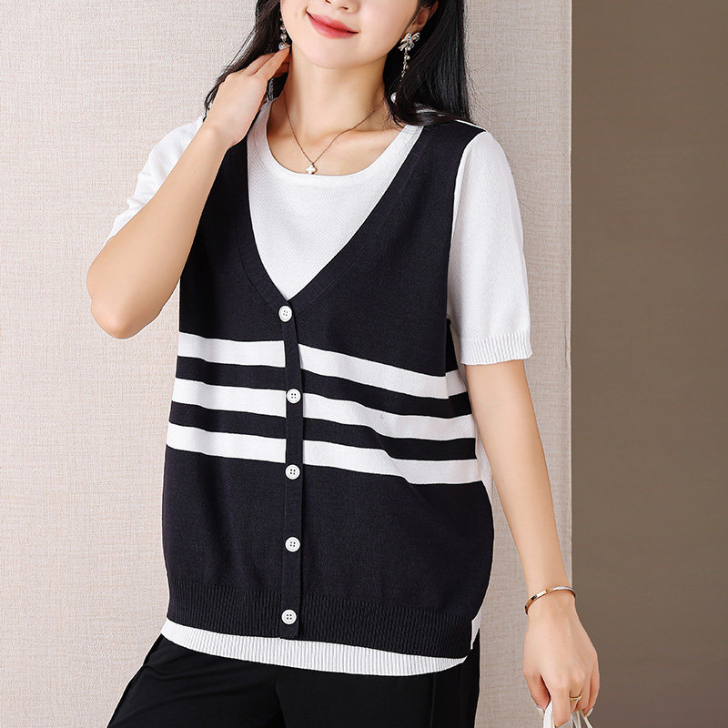 伊自尚2023年新款女装韩版大码胖mm拼接假两件显瘦条纹针织衫上衣