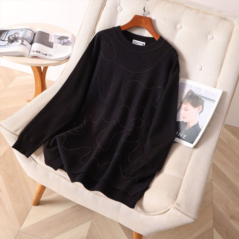 2024春季新款大码女装时尚毛衣女胖mm针织衫宽松显瘦黑色长袖上衣