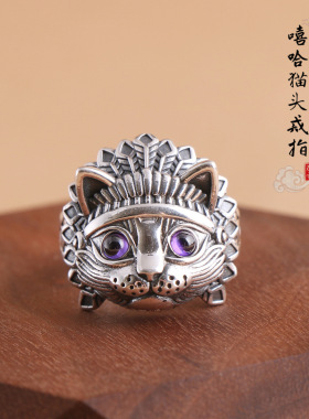 S925纯银复古泰银工艺戒指男款跨境欧美卡通猫咪头像兽头银指环