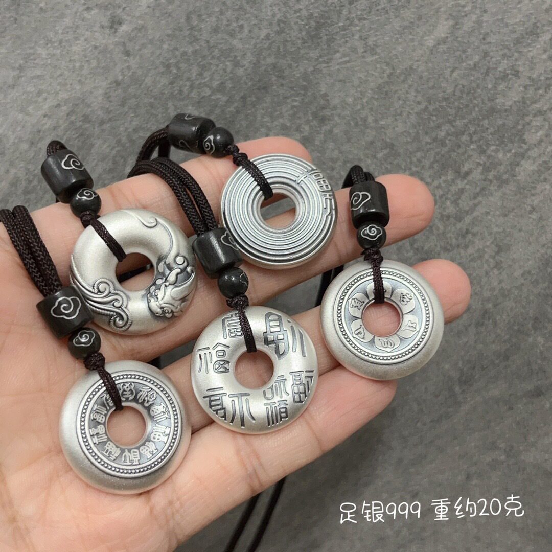 足银999纯银吊坠古法实心挂件平安扣做旧复古国潮男女项饰银吊坠