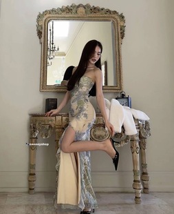 正品代购tigermist神裙法式油画裙甜辣高开叉荷叶边抹胸连衣裙