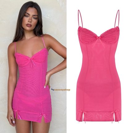 正品代购tigermist美式甜心芭比玫粉色褶皱裹胸半透视吊带连衣裙