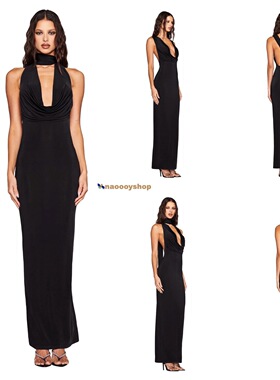 正品代购iamgia复古清冷气质款垂坠感黑色低领多穿法长裙连衣裙