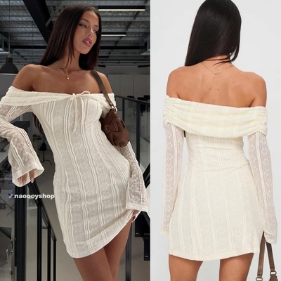 正品代购princesspolly复古浪漫奶油色花朵抽绳一字肩长袖连衣裙