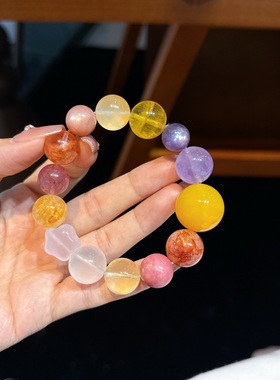 天然多宝手串彩虹色黄水晶紫锂云母粉晶红胶花太阳石蔷薇石星星链