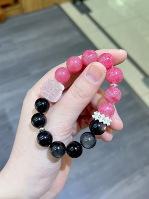 粉狮蔷薇天然银耀石搭配蔷薇石手串点缀粉晶醒狮12mm小众设计高级