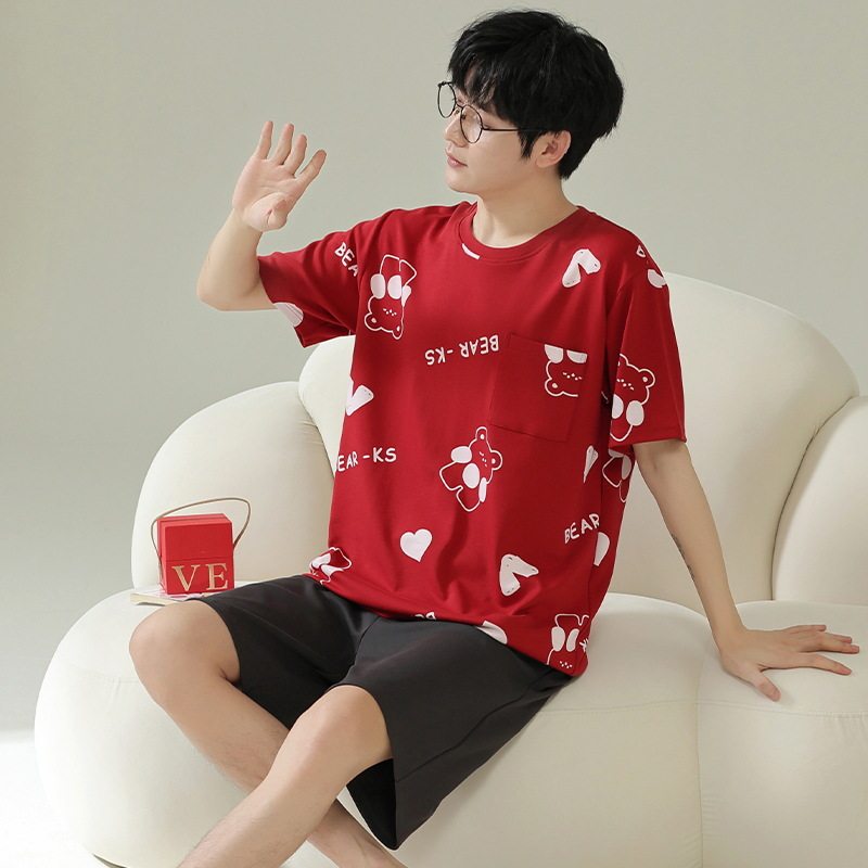 青少年纯棉短袖睡衣套装男休闲家居服透气中大学生宿舍空调服夏薄