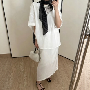 韩版休闲麻料套装裙女2026年夏季新款丝巾短袖上衣半身裙两件套潮