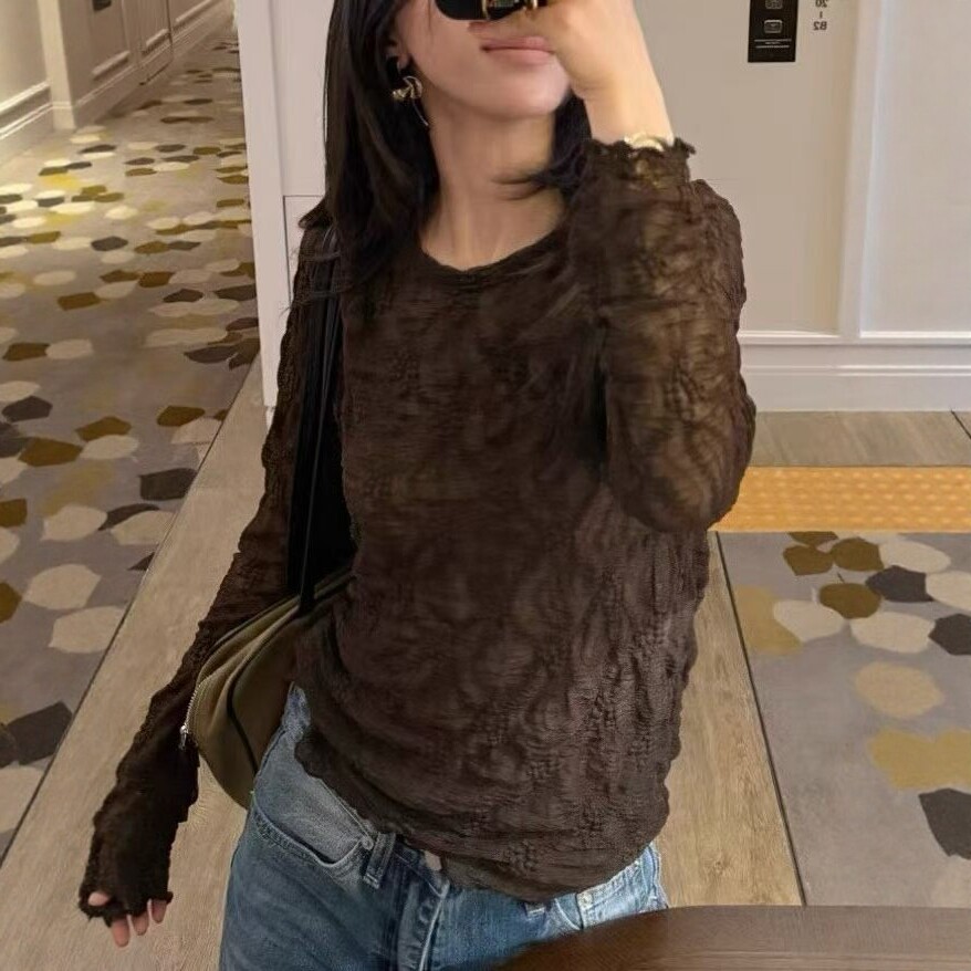 韩系早秋新款洋气褶皱蕾丝衫女