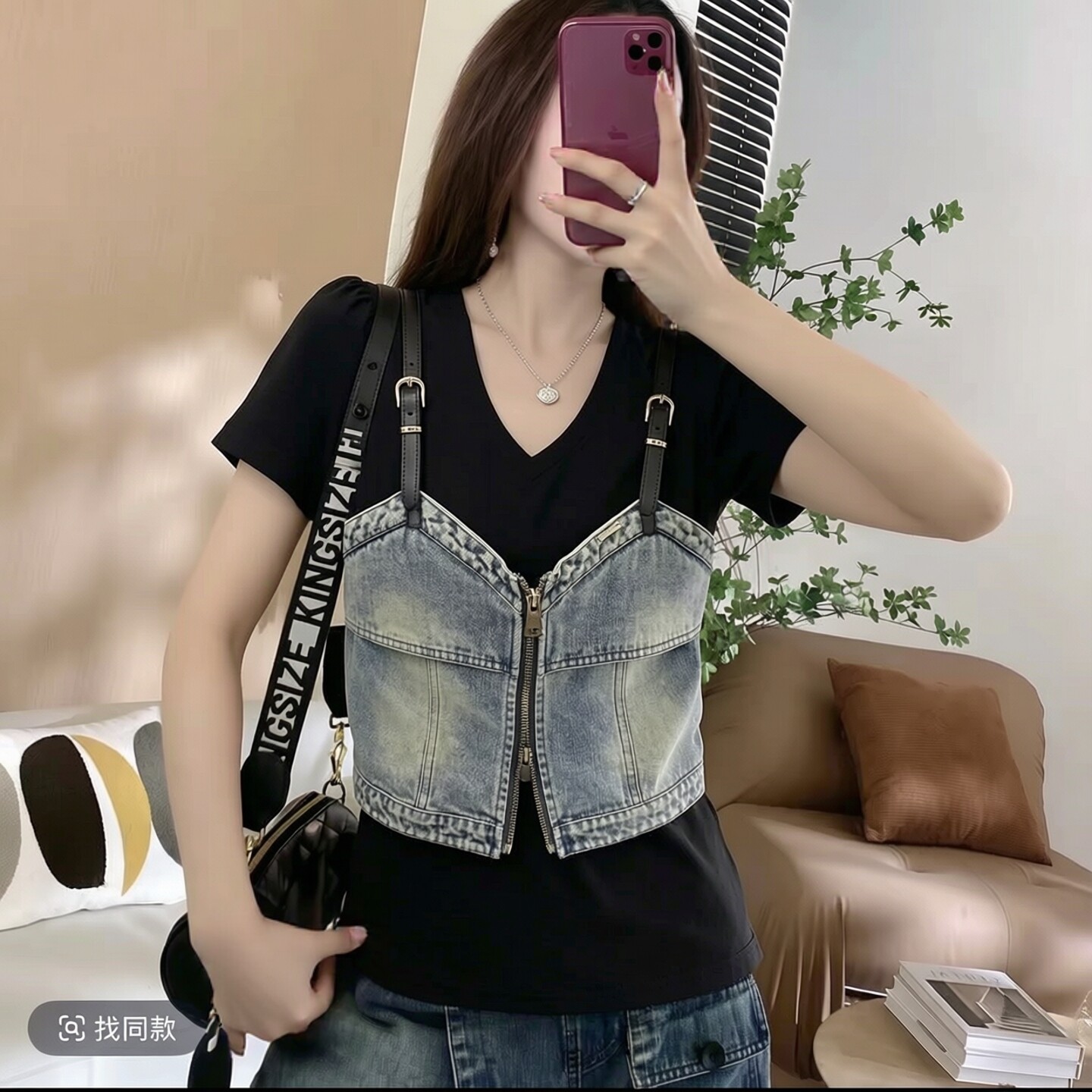 牛仔拼接V领假两件短袖T恤女上衣