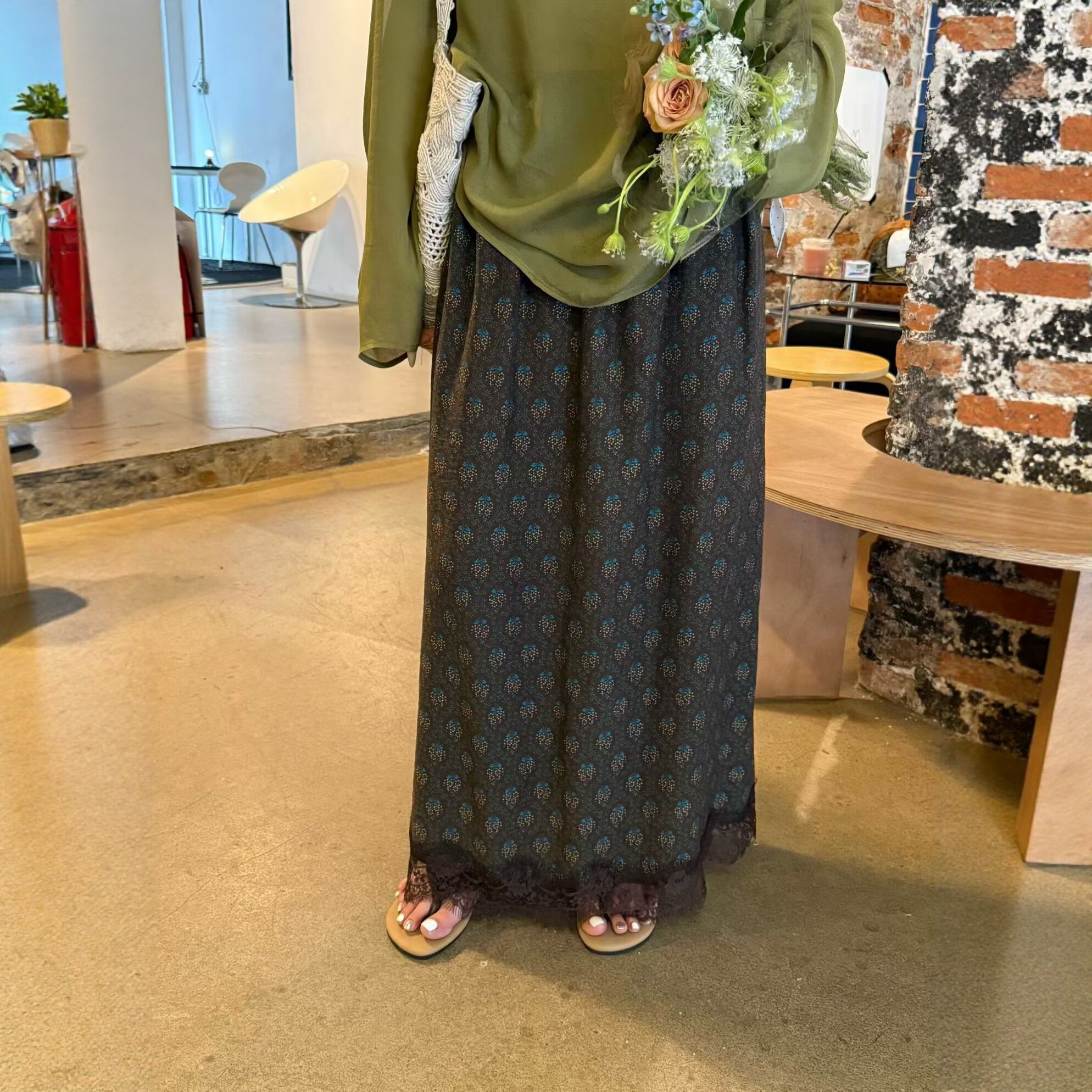 复古印花拼蕾丝半身裙