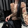 丝绒提花V领抽绳显瘦打底衫T恤女