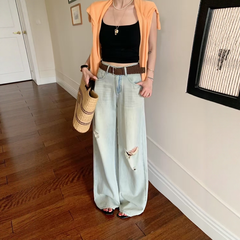 水洗磨白慵懒风直筒阔腿牛仔裤女