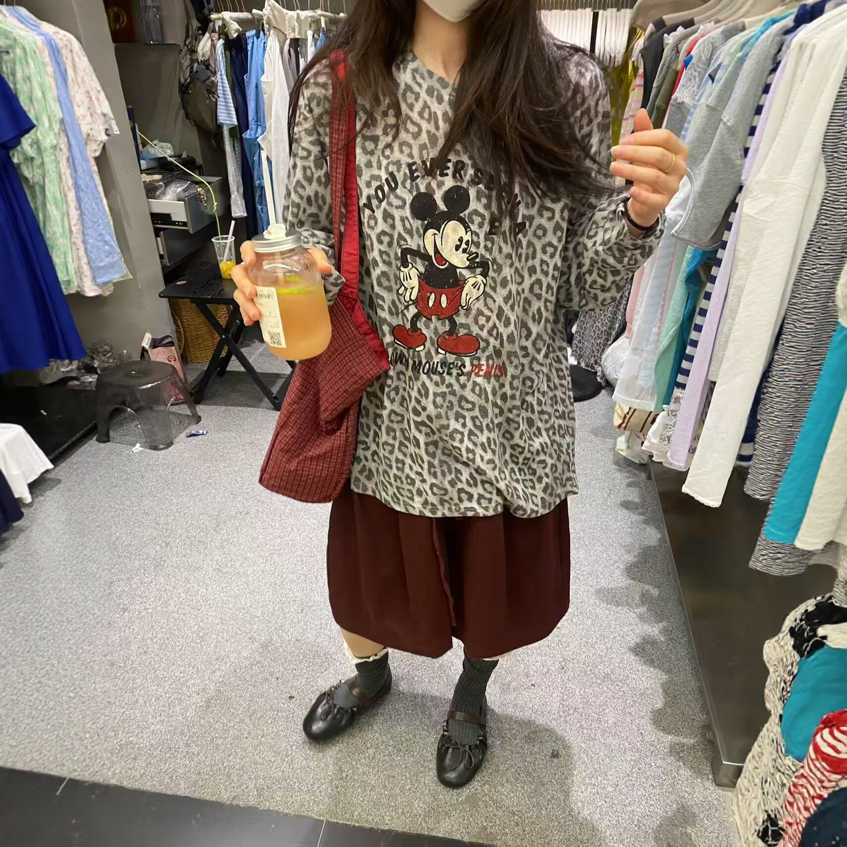 豹纹米奇卡通印花短袖T恤上衣女