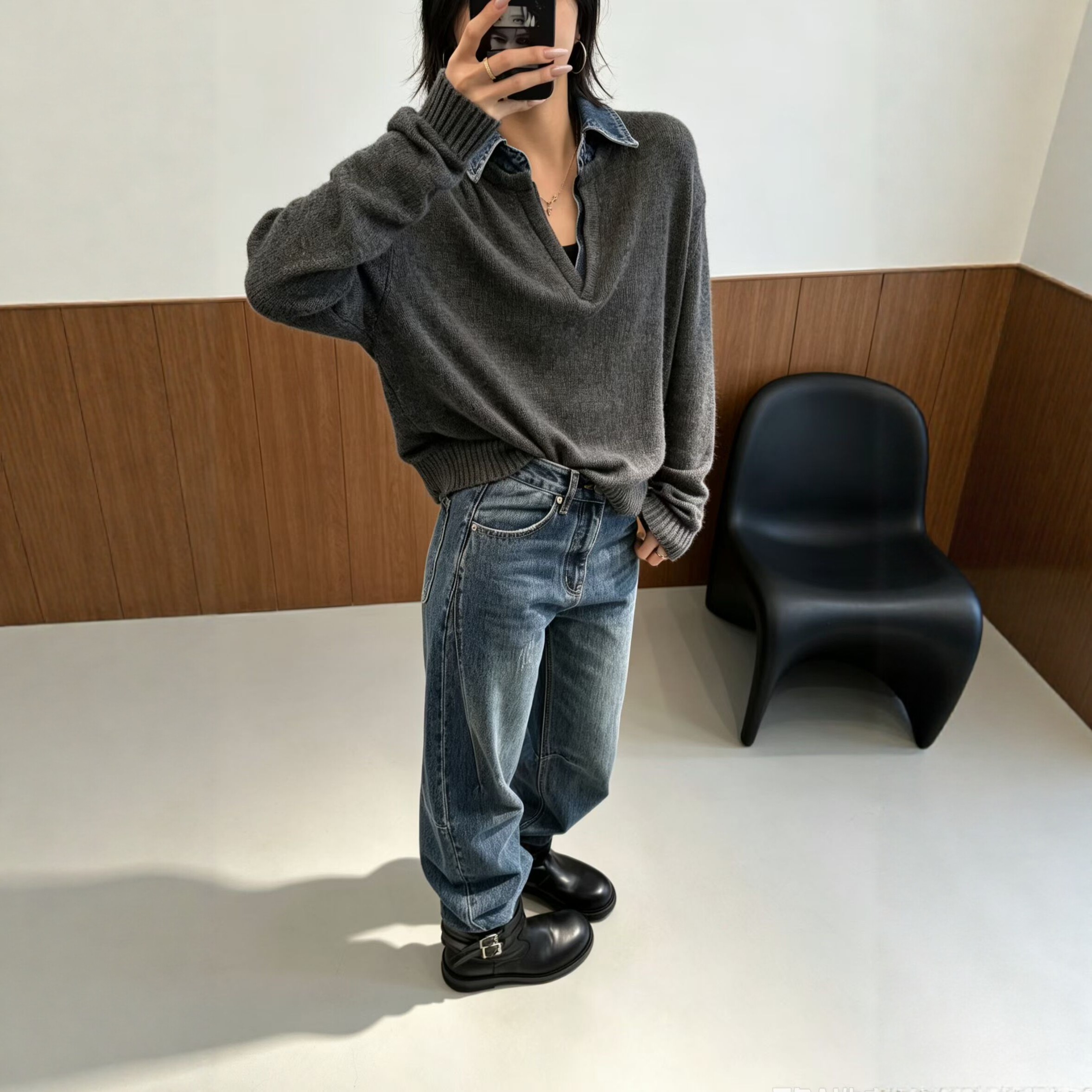 V领拼牛仔领针织衫慵懒风毛衣