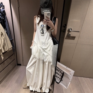 复古蕾丝拼接V领内搭无袖背心女宽松设计感小众不规则中长款上衣