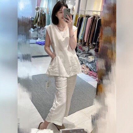 欧洲站2025夏季新款佐尚无袖苎麻背心+阔腿裤洋气气质两件套套装