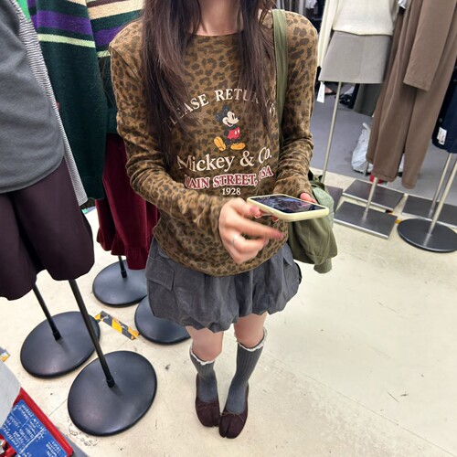 复古豹纹长袖T恤女卡通印花上衣