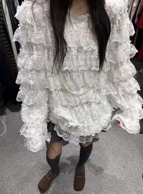 欧洲站法式浪漫风白色蕾丝衫女层层荷叶边宽松显瘦百搭仙气上衣潮