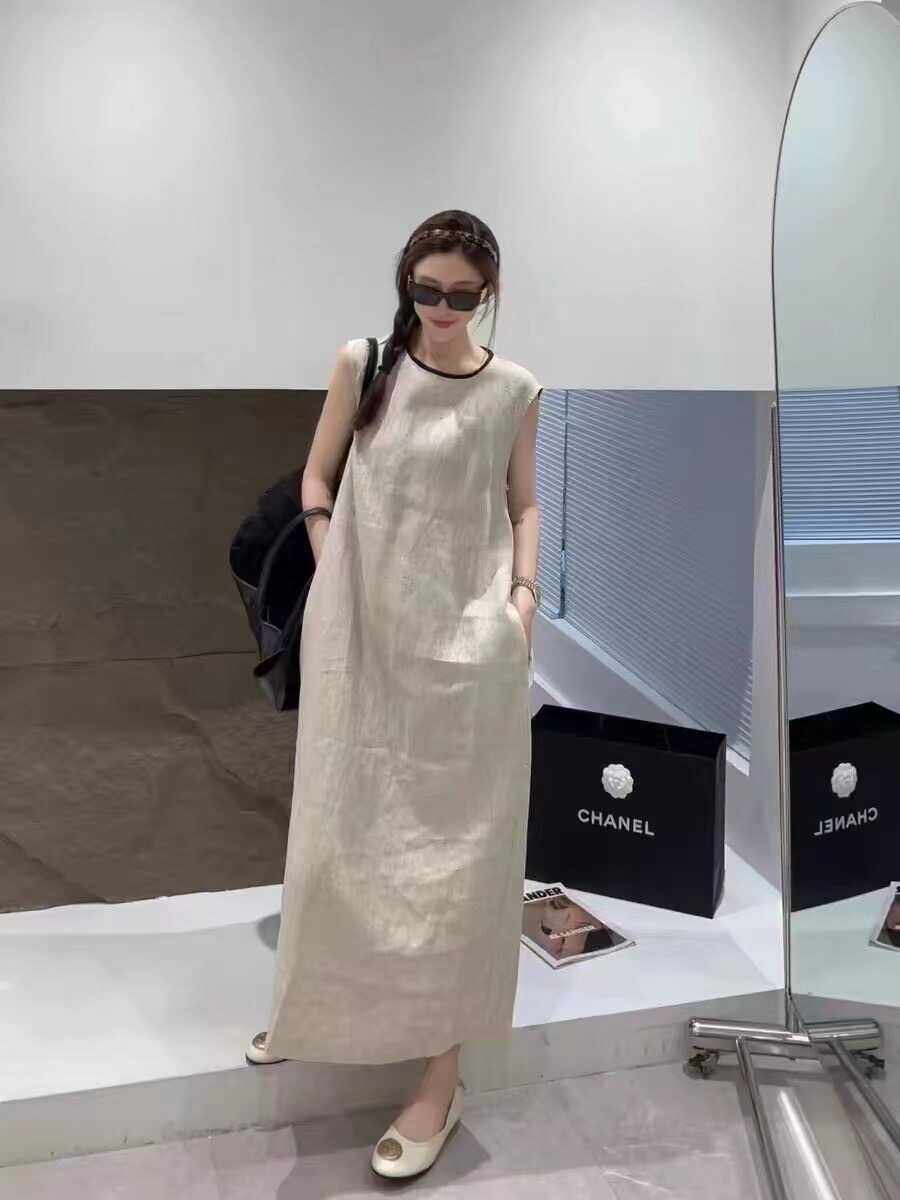 拼色亚麻中长款连衣裙女