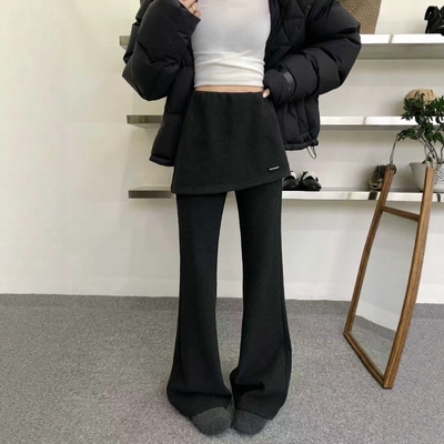 假两件加绒毛呢微喇裤屁帘裙裤女