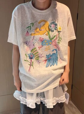立体小花可爱猫咪宽松大版T恤女