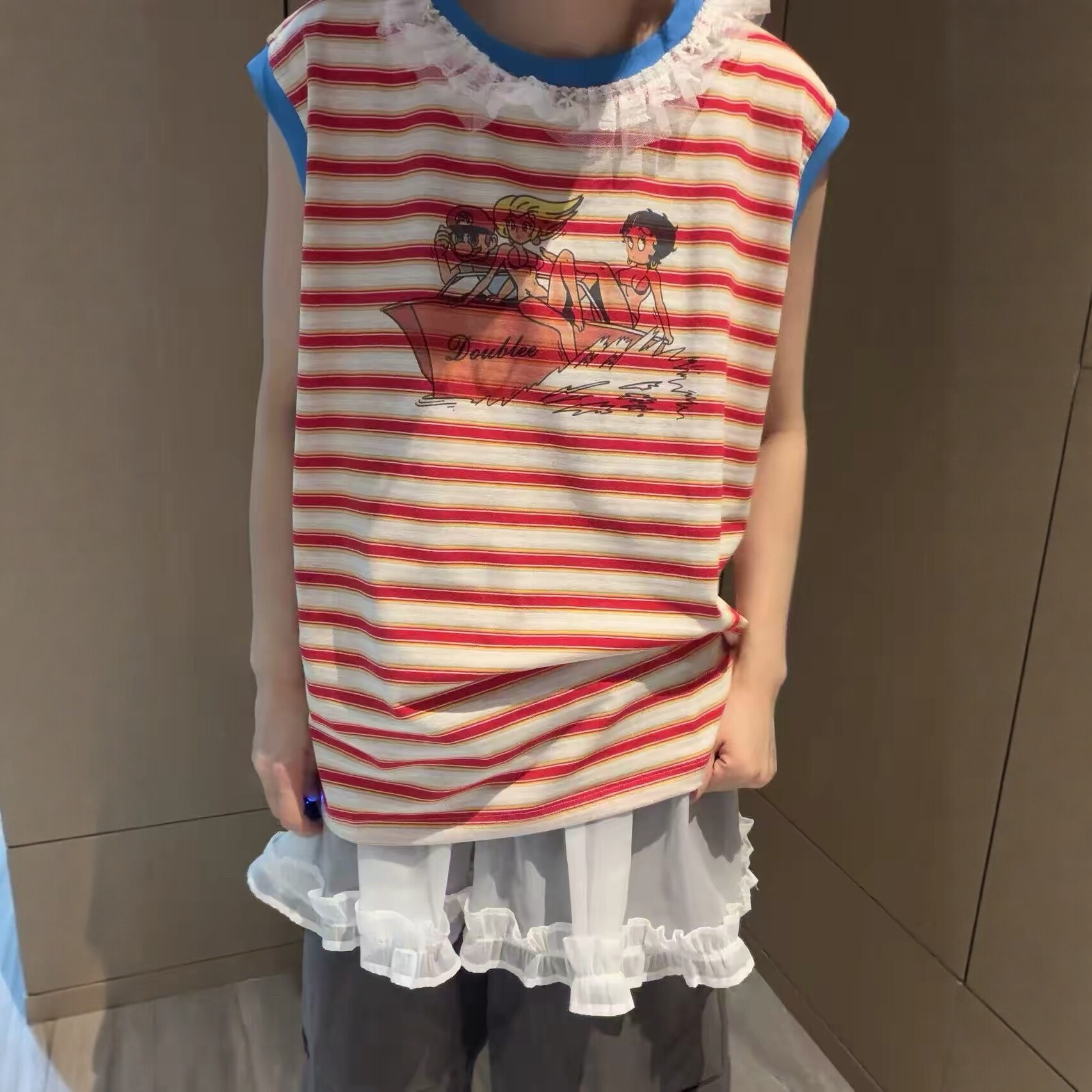 韩系蕾丝花边条纹背心女无袖上衣