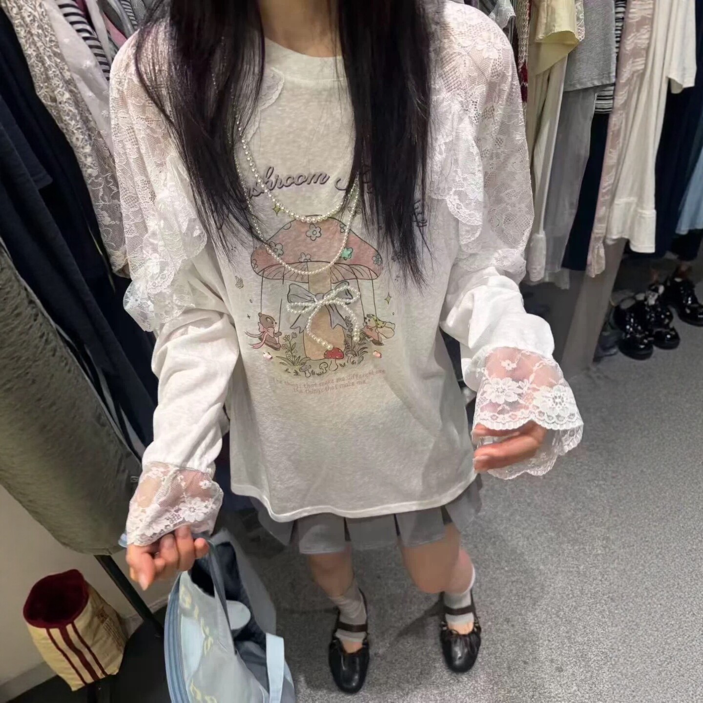 欧洲站2026夏款可爱小清新蕾丝荷叶边长袖T恤女卡通蘑菇印花上衣