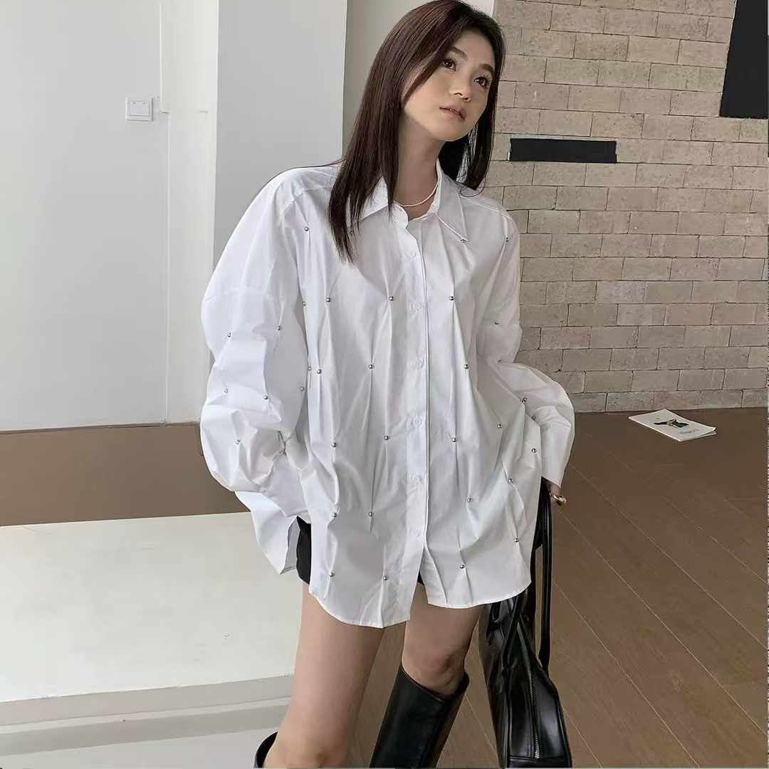 欧货松弛感柳钉压褶蝙蝠袖衬衫女