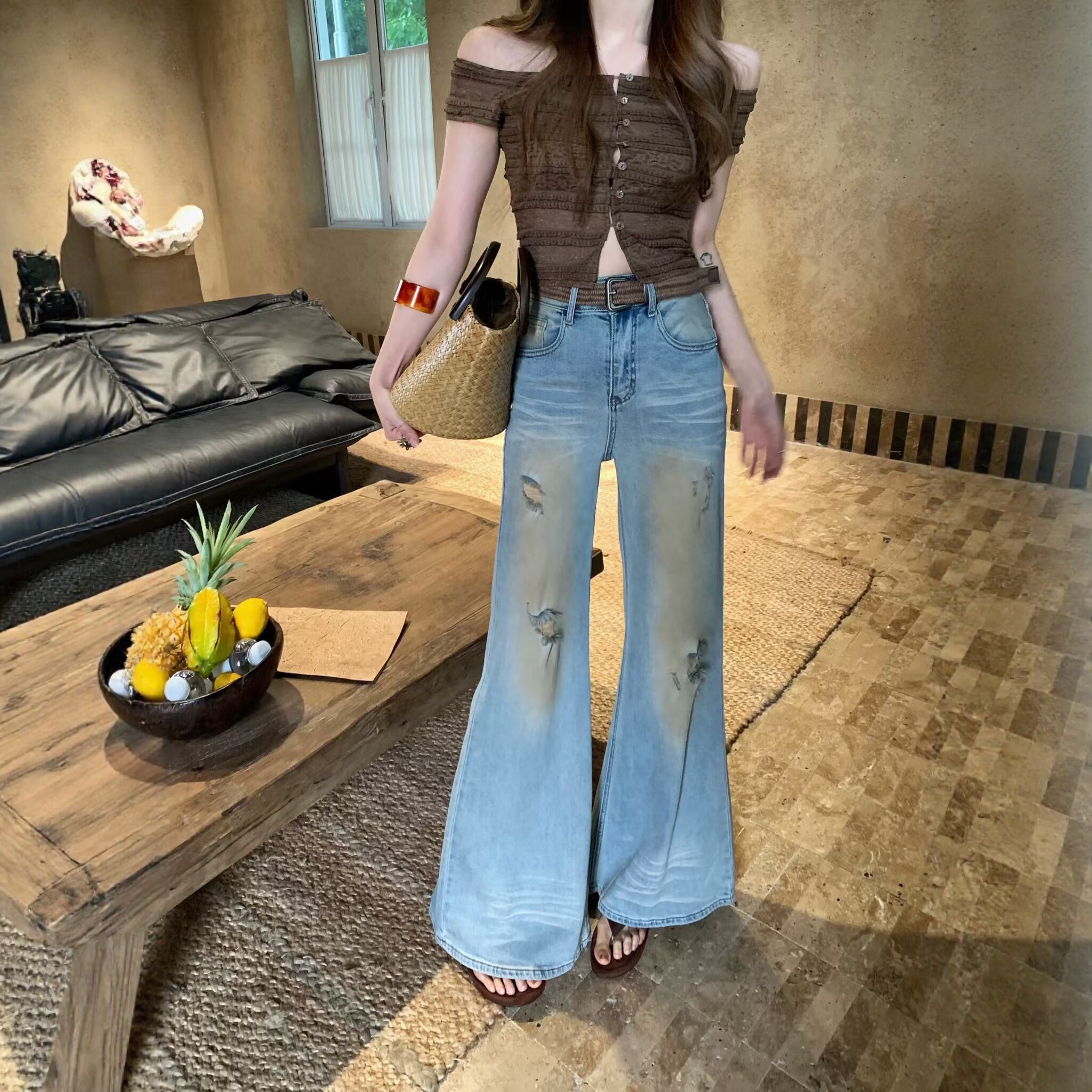 ZM1892破洞喇叭裤女欧洲站2026夏季新款欧货百搭宽松显瘦牛仔裤潮