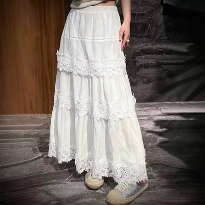 气质蕾丝花边苎麻中长款半身裙女