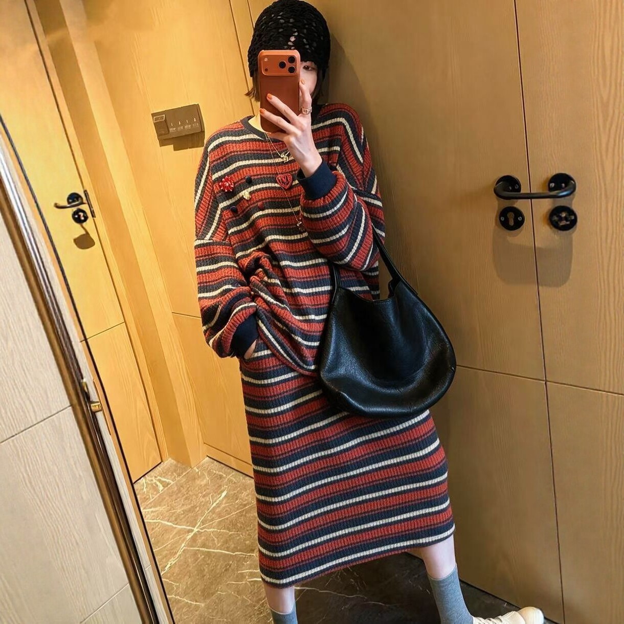 长袖上衣高腰半身裙条纹简约套装
