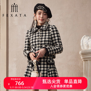 FEXATA斐格思时尚 套装 商场同款 女2023冬复古黑白格毛呢两件套
