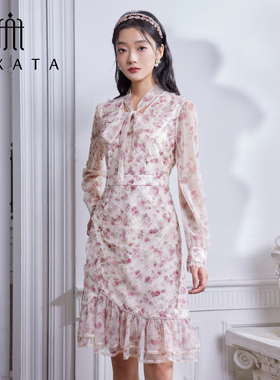 FEXATA斐格思2026春季新品法式荷叶印花茶歇裙系带领碎花连衣裙