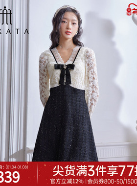 FEXATA斐格思2025秋新品蝴蝶结浪漫蕾丝连衣裙假两件裙子小礼服裙